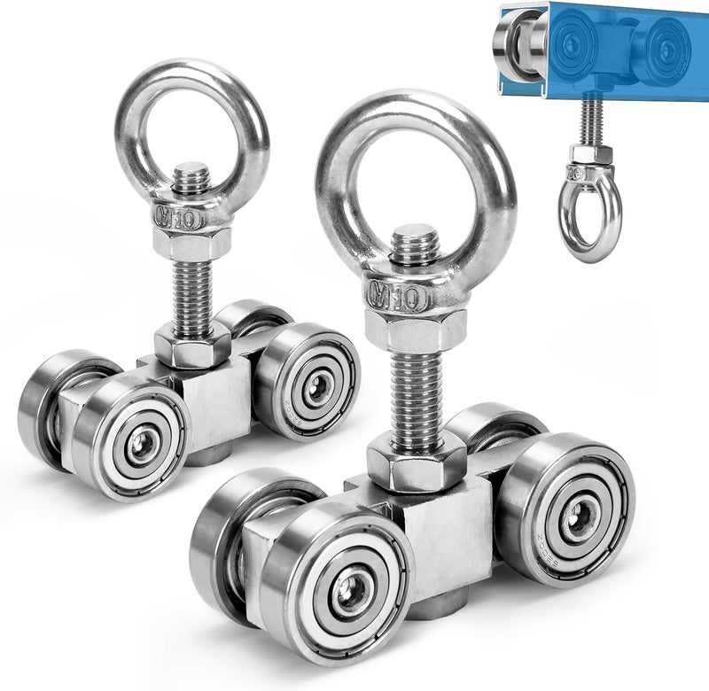 TPHUC Store 4 Wheels Trolley Assembly Rollers, 4 Bearings Trolley Assembly for 1-5/8" Wide and All 1-5/8" or Taller Unistrut Strut Channel with M10 Bolt and Lifting Eye Nuts (Pack of 2) - Image 1